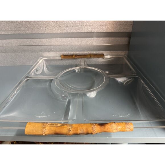 Vintage 1970s Lucite Acrylic Bamboo Handle Serving Tray Set – Mid Century Modern - Picture 2 of 15